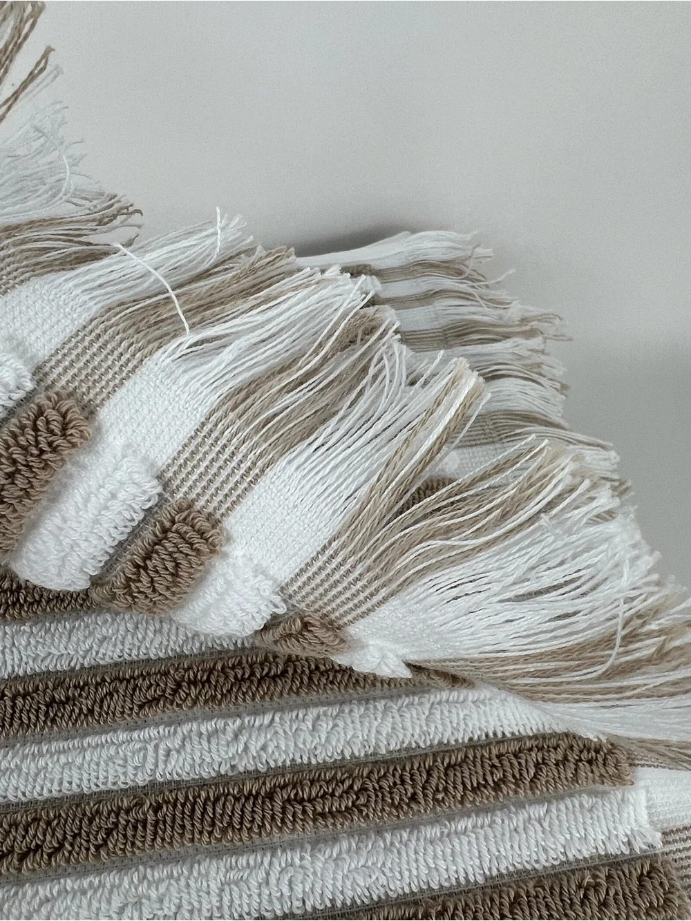Rachel Zoe Bath Towel Set Tan White Striped with Fringe Soft Cotton 2 Pc NEW
